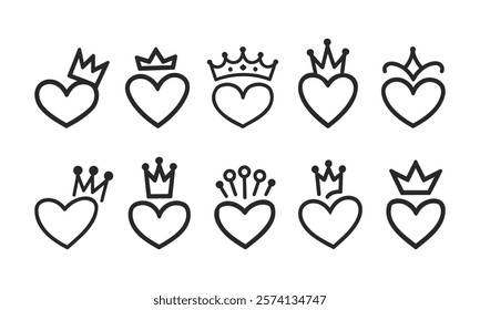 Cute Crowned Hearts Vector Collection for Design, king and queen crown on heart, crowned hearts