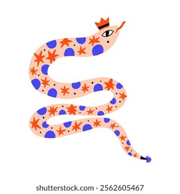 Cute crowned snake illustration with colorful patterns. Snake symbol of the year. Vector hand drawn bold illustration