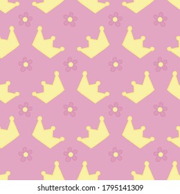 cute crowns for princess with decorative stitching for girl, toy, vector seamless pattern on pink background