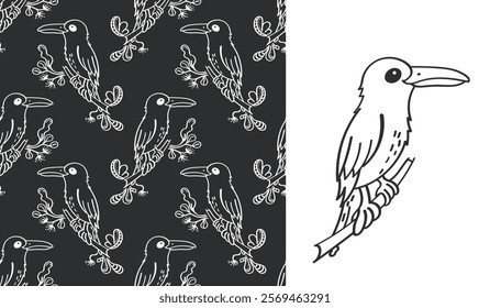 Cute crows in doodle style seamless pattern. Raven bird line icon vector silhouette, raven bird logo illustration design isolated on white background. 