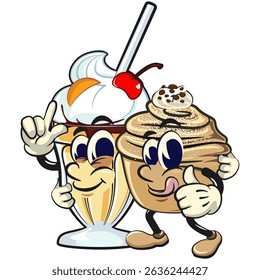 Cute cruffin cartoon mascot vector pose with aglass of milkshake character while giving a sign and giving a thumbs up sign, funny dessert character illustration isolated, work of hand drawn