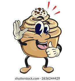 Cute cruffin cartoon mascot vector wave hand and give a thumbs up sign, funny dessert character illustration isolated, work of hand drawn