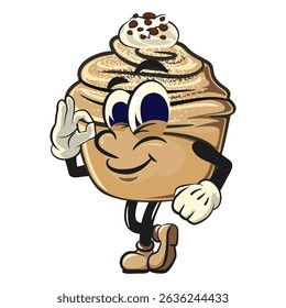 Cute cruffin cartoon mascot vector dancing while giving the okay sign, funny dessert character illustration isolated, work of hand drawn