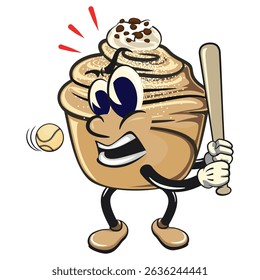Cute cruffin cartoon mascot vector playing baseball ready to hit the ball with the bat, funny dessert character illustration isolated, work of hand drawn