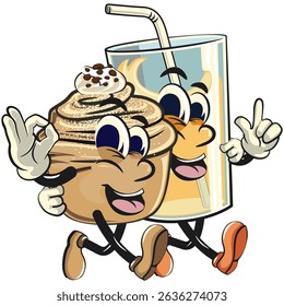 Cute cruffin cartoon mascot vector walk with aglass of ice juice character while giving a sign and giving an ok sign, funny dessert character illustration isolated, work of hand drawn