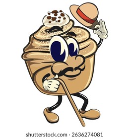 Cute cruffin cartoon mascot vector carrying a stick and saluting with raised hat, funny dessert character illustration isolated, work of hand drawn