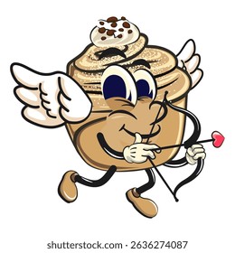 Cute cruffin cartoon mascot vector become a cupid with angel wings and the arrow of love, funny dessert character illustration isolated, work of hand drawn