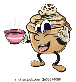 Cute cruffin cartoon mascot vector with a cup of coffee or tea while giving a ok sign, funny dessert character illustration isolated, work of hand drawn