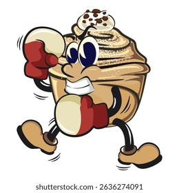 Cute cruffin cartoon mascot vector practicing boxing wearing boxing glove, funny dessert character illustration isolated, work of hand drawn