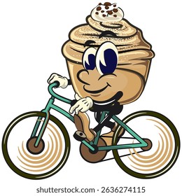 Cute cruffin cartoon mascot vector character enjoy riding a bike, funny dessert character illustration isolated, work of hand drawn
