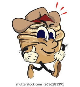 Cute cruffin cartoon mascot vector wearing a cowboy hat while giving a thumbs up sign, funny dessert character illustration isolated, work of hand drawn
