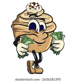 Cute cruffin cartoon mascot vector carrying money while whistling, funny dessert character illustration isolated, work of hand drawn