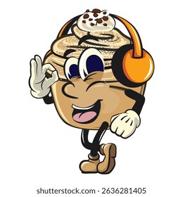 Cute cruffin cartoon mascot vector listening to headset while dancing, funny dessert character illustration isolated, work of hand drawn
