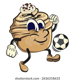 Cute cruffin cartoon mascot vector playing football or soccer, funny dessert character illustration isolated, work of hand drawn