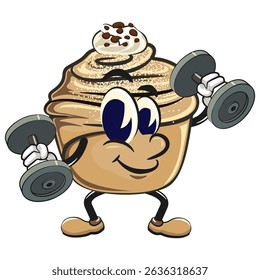 Cute cruffin cartoon mascot vector doing barbell lifting workout, funny dessert character illustration isolated, work of hand drawn