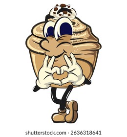 Cute cruffin cartoon mascot vector is giving a sign of love with finger, funny dessert character illustration isolated, work of hand drawn