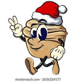 Cute cruffin cartoon mascot vector wearing a Santa Claus hat while giving a two-finger peace sign, funny dessert character illustration isolated, work of hand drawn