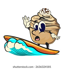 Cute cruffin cartoon mascot vector surfing riding the waves, funny dessert character illustration isolated, work of hand drawn
