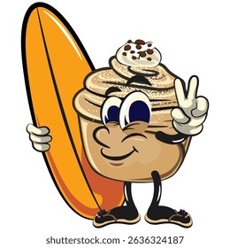 Cute cruffin cartoon mascot vector with surfboard and gave a peace sign, funny dessert character illustration isolated, work of hand drawn
