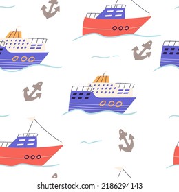 Cute cruise ship seamless pattern, cartoon flat vector illustration on white background. Boat swimming on waves in the sea. Childish pattern for kids nursery or clothes.