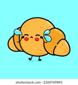 Cute cry Croissant character. Vector hand drawn cartoon kawaii character illustration icon. Isolated on blue background. Angry cute Croissant character concept