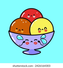 Lindo grito Personaje de helado. Icono de ilustración de personaje kawaii dibujado a mano vectorial. Aislado sobre fondo azul. Concepto de personaje de helado lindo enojado