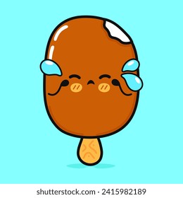 Cute cry Ice cream sundae character. Vector hand drawn cartoon kawaii character illustration icon. Isolated on blue background. Angry cute Ice cream sundae character concept