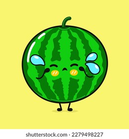 Cute cry watermelon character. Vector hand drawn cartoon kawaii character illustration icon. Isolated on yellow background. Angry watermelon character concept