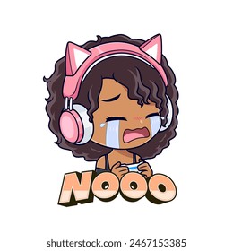 Cute crying african american gamer girl cartoon logo icon