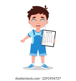 The cute crying boy got a bad grade. Vector illustration