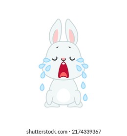 Cute crying bunny. Flat cartoon illustration of a funny little gray rabbit in tears isolated on a white background. Vector 10 EPS.