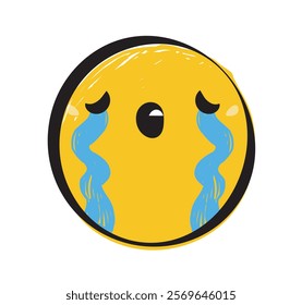 Cute crying emoji with tears, drawn in a playful, colorful cartoon style on a white background. Represents sadness, emotion, or sympathy. Vector illustration