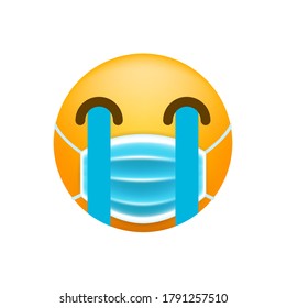 Cute Crying Emoticon with Face Mask on White Background. Isolated Vector Illustration 