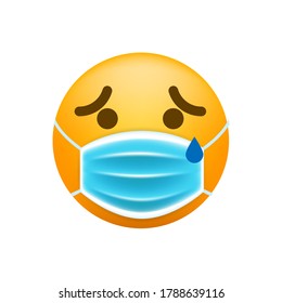 Cute Crying Face with Face Mask on White Background. Isolated Vector Illustration
