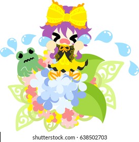 A cute crying girl and an ornament of hydrangeas