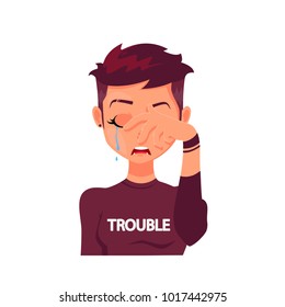 Cute crying girl, woman with fashion hairstyle, vector cartoon flat illustration isolated on white background