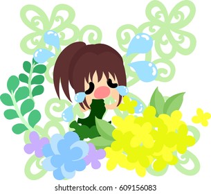A cute crying girl and yellow flowers