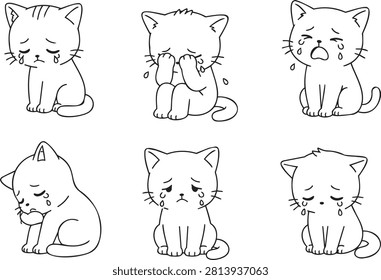 Cute crying kitten cartoon set with six sad kittens in simple black line art for children coloring book designs