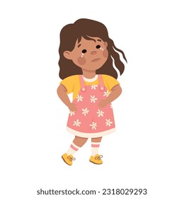 Cute crying little girl with upset face expression. Unhappy brunette girl dressed yellow t-shirt and pink sundress cartoon vector illustration