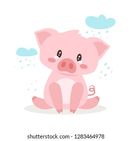 Cute crying pig. Background with clouds and rain. Template for print.