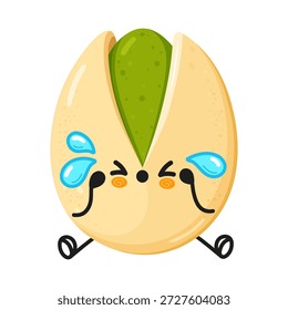 Personaje de dibujos animados de pistachos llorando lindo sintiéndose triste, con grandes lágrimas y una expresión angustiada, que representa emociones, nutrición y conceptos de comida saludable