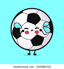 Cute weinend Fußball-Charakter. Vektorhandgezeichnete Cartoons kawaii Zeichentricksymbol. Einzeln auf blauem Hintergrund. Sad-Soccer-Ball-Konzept