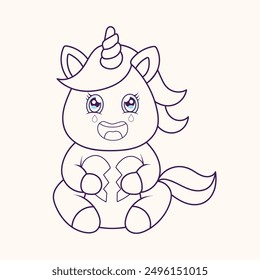 Unicornio llorando lindo con el corazón roto Ilustración de arte de línea emocional