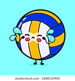 Cute crying volleyball character. Vector hand drawn cartoon kawaii character illustration icon. Isolated on blue background. Sad Volleyball ball character concept