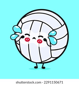 Cute crying volleyball character. Vector hand drawn cartoon kawaii character illustration icon. Isolated on blue background. Sad Volleyball ball character concept