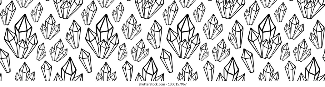 Cute Crystal monochrome outline vector seamless pattern. Nice black and white gemstone repeated background for print design, fabric, textile, wallpaper, wrapping paper, backdrop. EPS 10