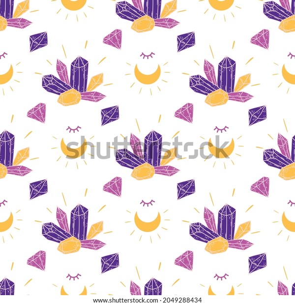 Cute crystal mystic pattern. Witchcraft childish\
magic spiritual background. Mystic crystal gems, stones, minerals,\
moon texture. Vector illustration. Witch crystal halloween party\
wallpaper surface.
