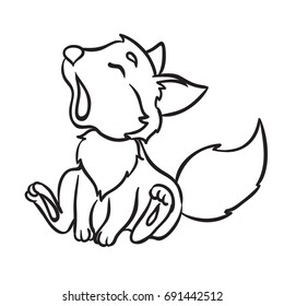 Cute cub of a fox yawns. Vector Illustration. Outlined for coloring book.