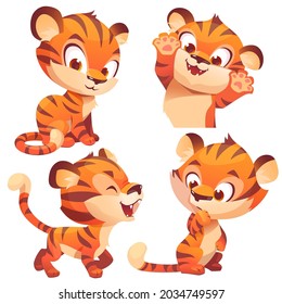 Cute cub tiger, cartoon animal cub character, kawaii mascot roar, think, playing, smile and waving paws. Wild funny kitten with orange striped skin, jungle cat isolated on white background vector set