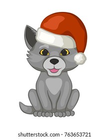 Cute cub wolf in a red Santa Claus hat isolated on white background. The cartoon style. Vector illustration.